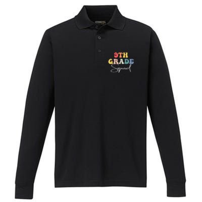 9th Grade Squad Retro Groovy Vintage First Day Of School Performance Long Sleeve Polo