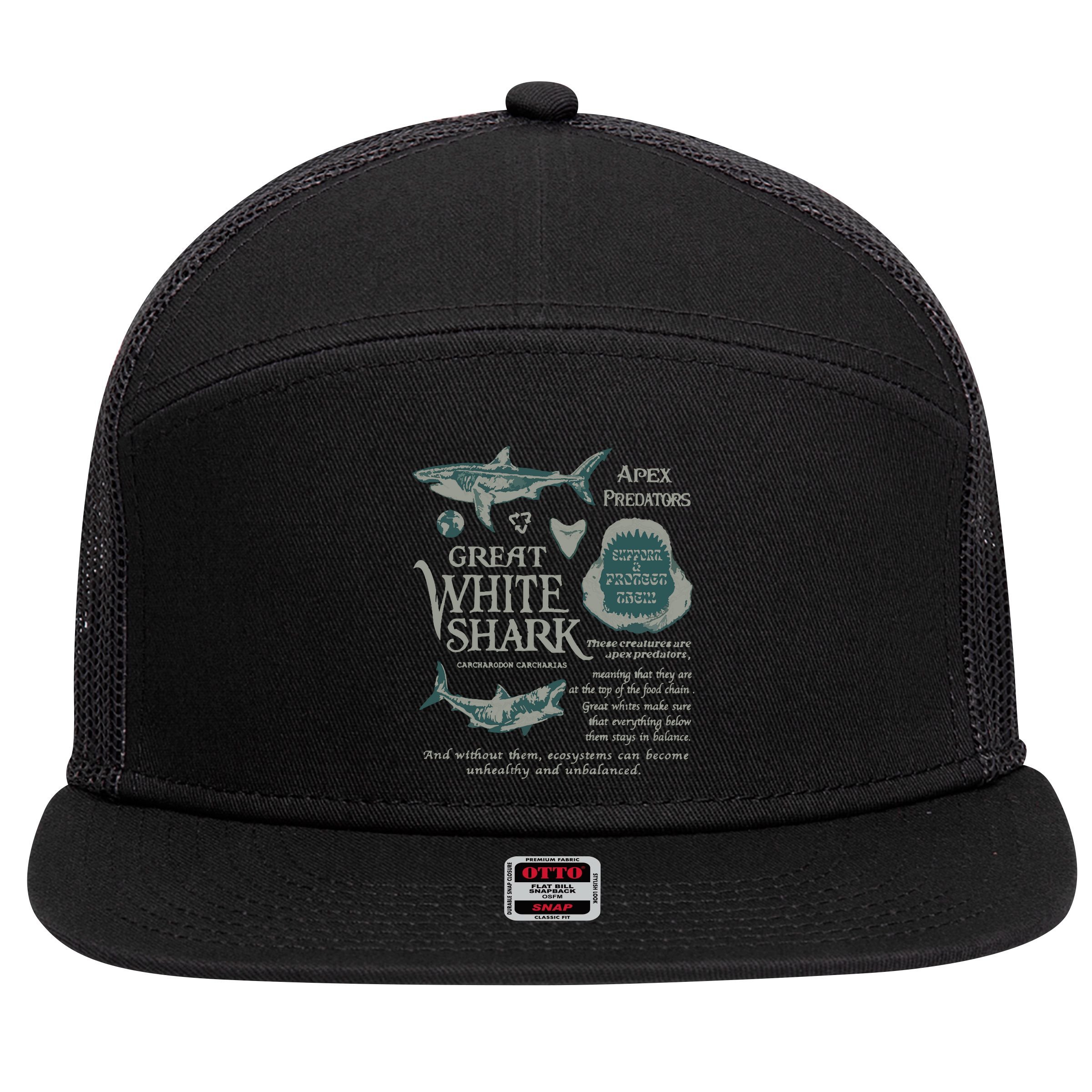 90S Great White Shark 7 Panel Mesh Trucker Snapback Hat