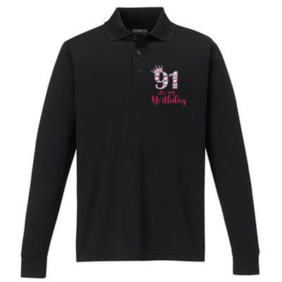 91 ItS My Birthday 91st Birthday 91 Years Old Bday Gift Performance Long Sleeve Polo