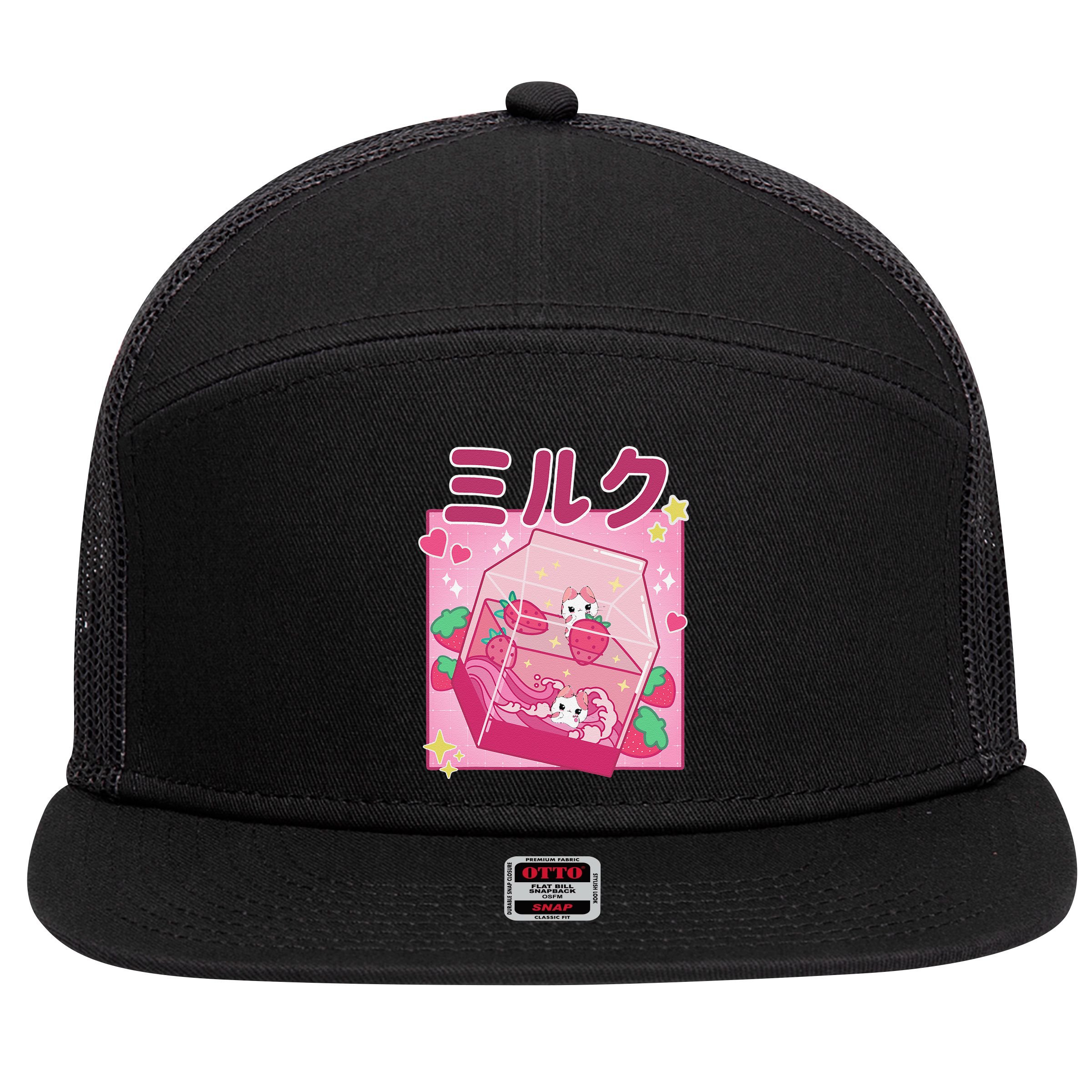 90s Kawaii Strawberry Milk Cute Women Japanese Anime 7 Panel Mesh Trucker Snapback Hat