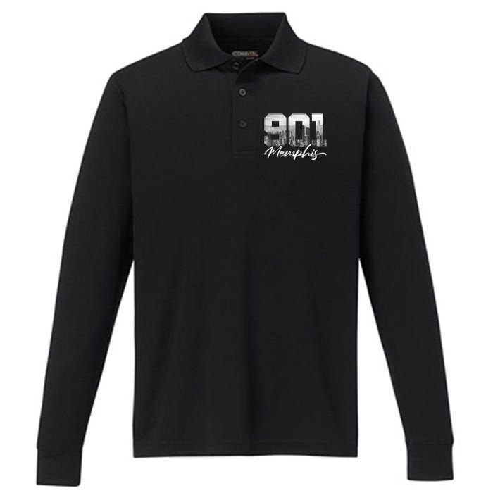 901 Memphis Area Code Tennessee Memphis City Skyline Performance Long Sleeve Polo