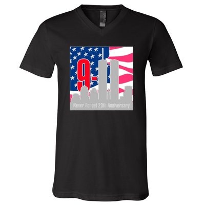 9/11 Never Forget 20th Anniversary V-Neck T-Shirt