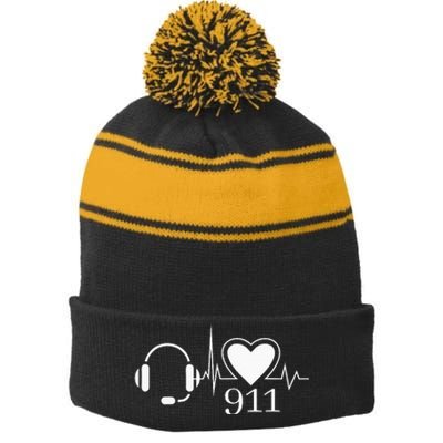 911 Police Dispatcher Thin Gold Line Heartbeat Law Enforcemt Stripe Pom Pom Beanie