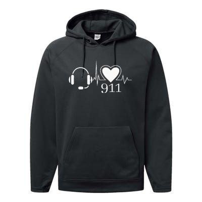 911 Police Dispatcher Thin Gold Line Heartbeat Law Enforcemt Performance Fleece Hoodie