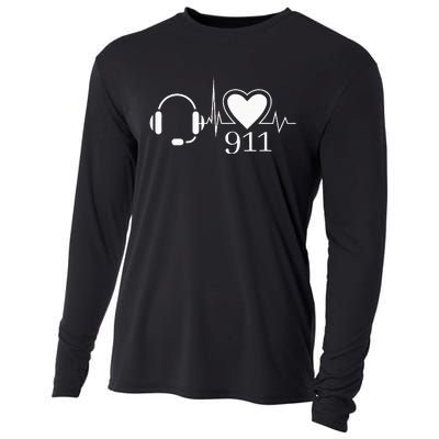 911 Police Dispatcher Thin Gold Line Heartbeat Law Enforcemt Cooling Performance Long Sleeve Crew