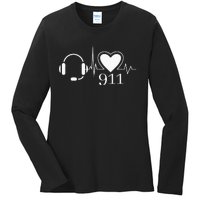 911 Police Dispatcher Thin Gold Line Heartbeat Law Enforcemt Ladies Long Sleeve Shirt