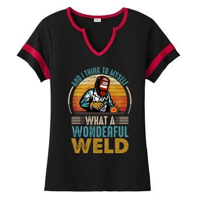  90s Retro Distressed Sunset I Think To Myself What A Wonderful Weld Welder Design Ladies Halftime Notch Neck Tee