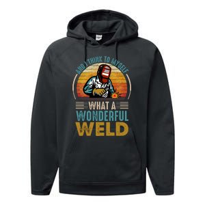  90s Retro Distressed Sunset I Think To Myself What A Wonderful Weld Welder Design Performance Fleece Hoodie