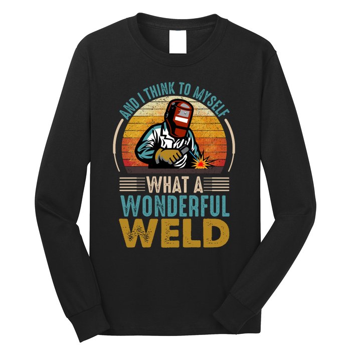  90s Retro Distressed Sunset I Think To Myself What A Wonderful Weld Welder Design Long Sleeve Shirt