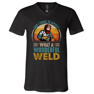  90s Retro Distressed Sunset I Think To Myself What A Wonderful Weld Welder Design V-Neck T-Shirt