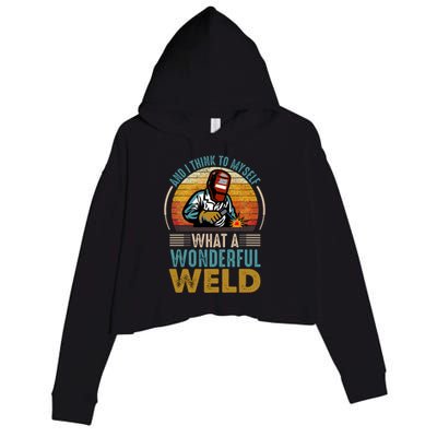  90s Retro Distressed Sunset I Think To Myself What A Wonderful Weld Welder Design Crop Fleece Hoodie