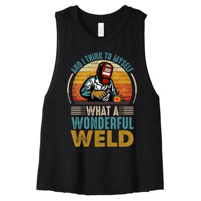  90s Retro Distressed Sunset I Think To Myself What A Wonderful Weld Welder Design Women's Racerback Cropped Tank