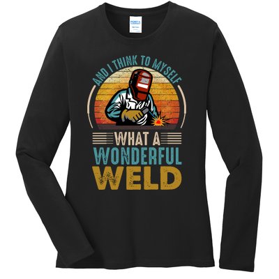  90s Retro Distressed Sunset I Think To Myself What A Wonderful Weld Welder Design Ladies Long Sleeve Shirt