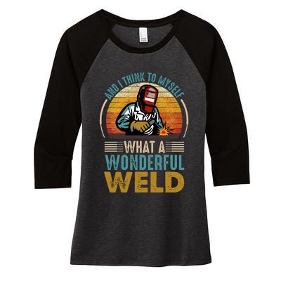  90s Retro Distressed Sunset I Think To Myself What A Wonderful Weld Welder Design Women's Tri-Blend 3/4-Sleeve Raglan Shirt