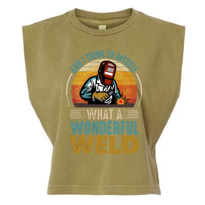  90s Retro Distressed Sunset I Think To Myself What A Wonderful Weld Welder Design Garment-Dyed Women's Muscle Tee