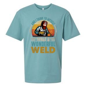  90s Retro Distressed Sunset I Think To Myself What A Wonderful Weld Welder Design Sueded Cloud Jersey T-Shirt