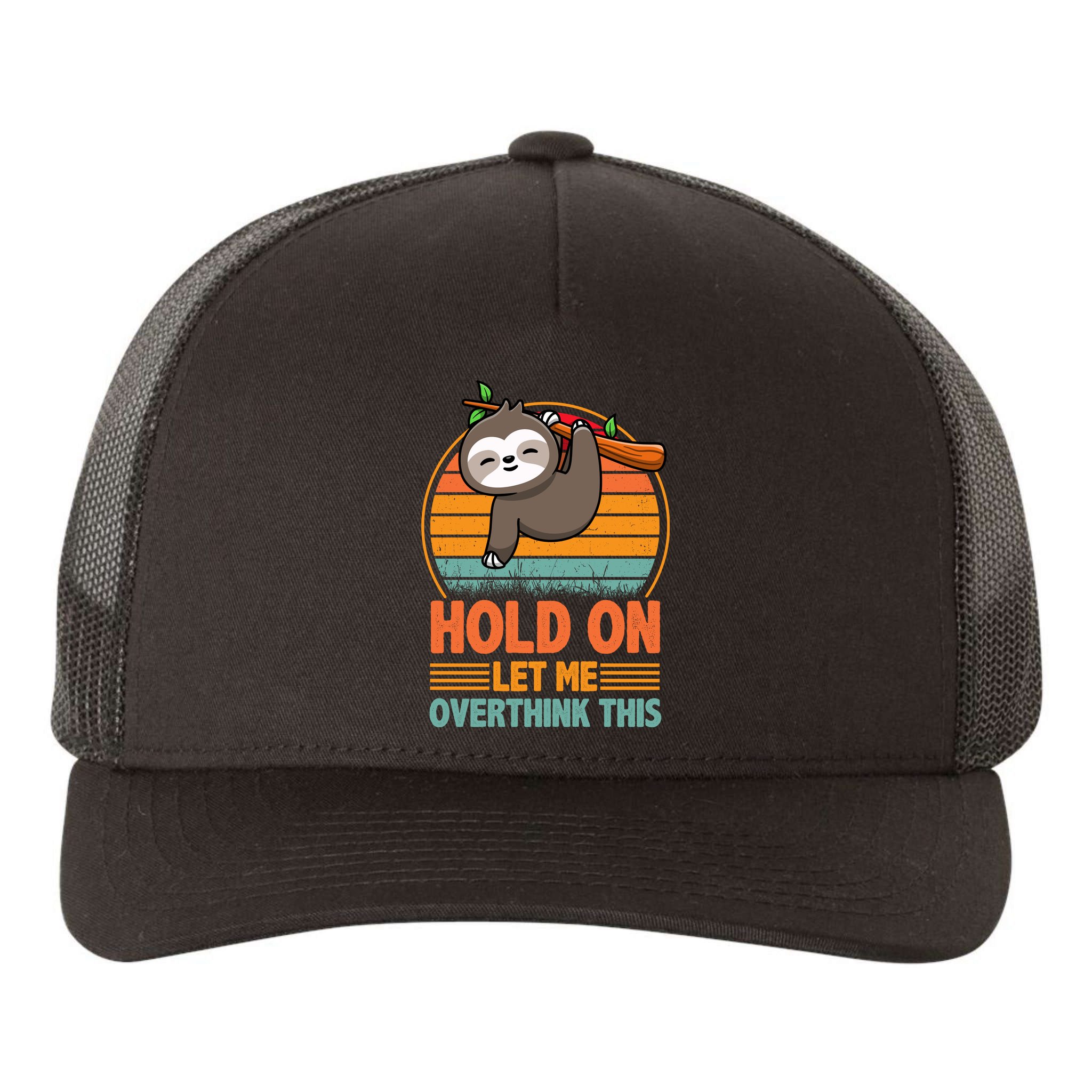 90s Retro Sunset Hang On Let Me Overthink This Sloth Funny Social Awkward Yupoong Adult 5-Panel Trucker Hat