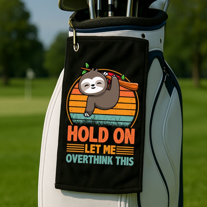 90s Retro Sunset Hang On Let Me Overthink This Sloth Funny Social Awkward Golf Towel