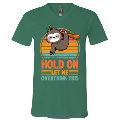 90s Retro Sunset Hang On Let Me Overthink This Sloth Funny Social Awkward V-Neck T-Shirt