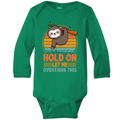 90s Retro Sunset Hang On Let Me Overthink This Sloth Funny Social Awkward Baby Long Sleeve Bodysuit