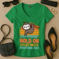 90s Retro Sunset Hang On Let Me Overthink This Sloth Funny Social Awkward Women's V-Neck T-Shirt