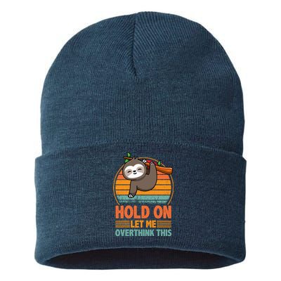 90s Retro Sunset Hang On Let Me Overthink This Sloth Funny Social Awkward Sustainable Knit Beanie