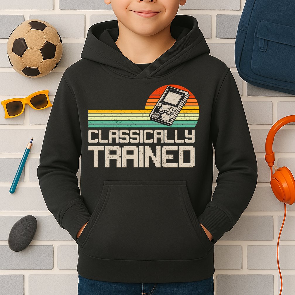 90' Retro Sunset Classically Trained Gaming Design, Game Lover Gift For Men Boys Kids Hoodie
