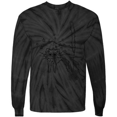 90s Scary Cat Pussycat Tomcat Is Scared Under Starry .Png Tie-Dye Long Sleeve Shirt