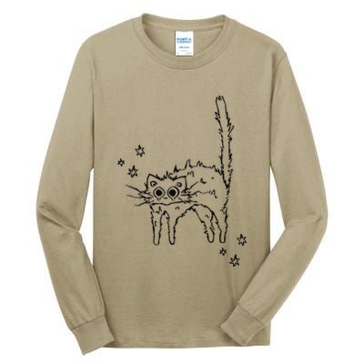 90s Scary Cat Pussycat Tomcat Is Scared Under Starry .Png Tall Long Sleeve T-Shirt