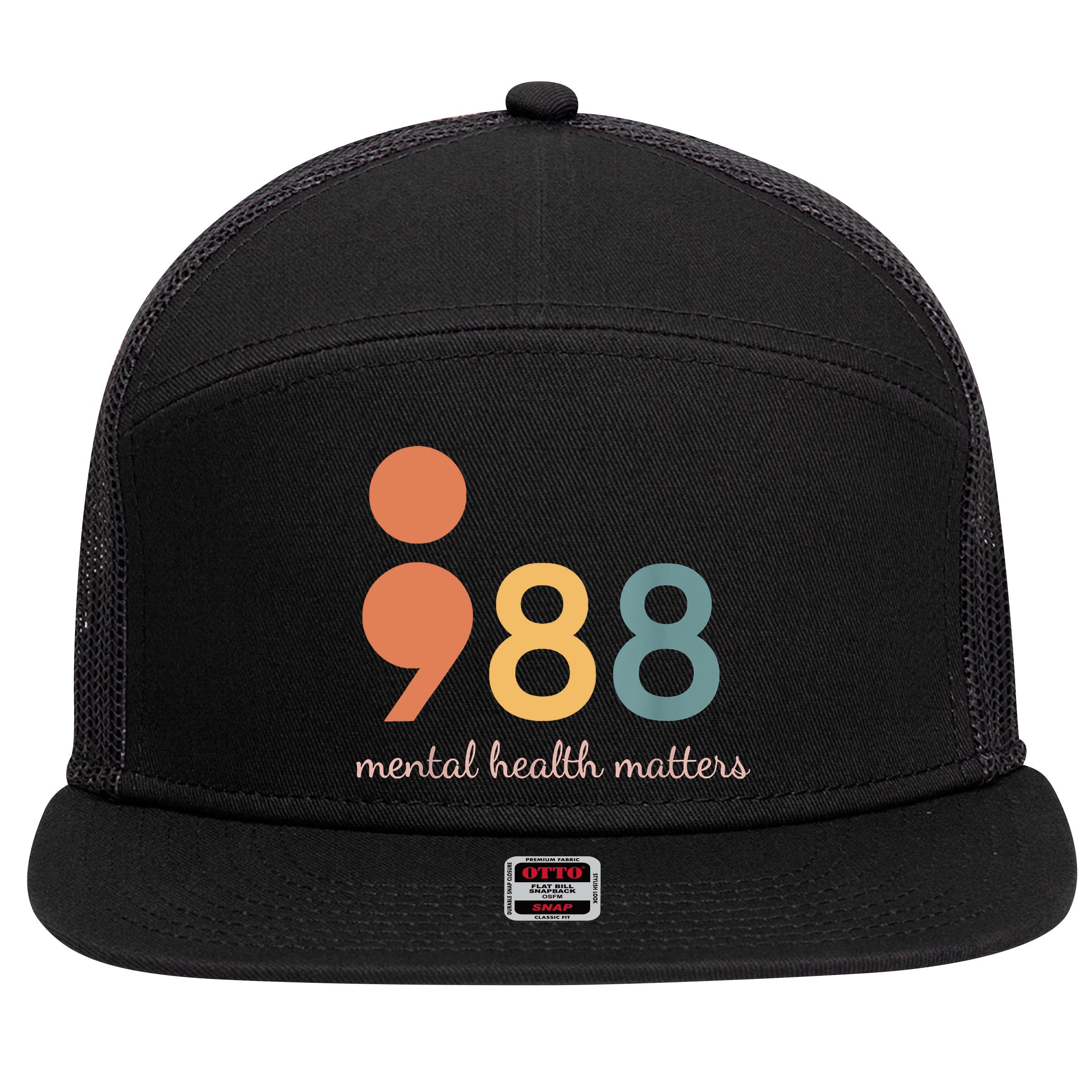 988 Semicolon Mental Health Matters Suicide Prevention 7 Panel Mesh Trucker Snapback Hat