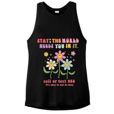988 Suicide Prevention Retro Groovy Stay The World Needs You Ladies PosiCharge Tri-Blend Wicking Tank