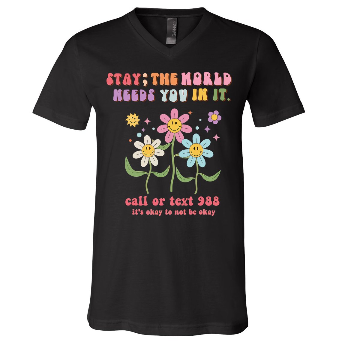 988 Suicide Prevention Retro Groovy Stay The World Needs You V-Neck T-Shirt