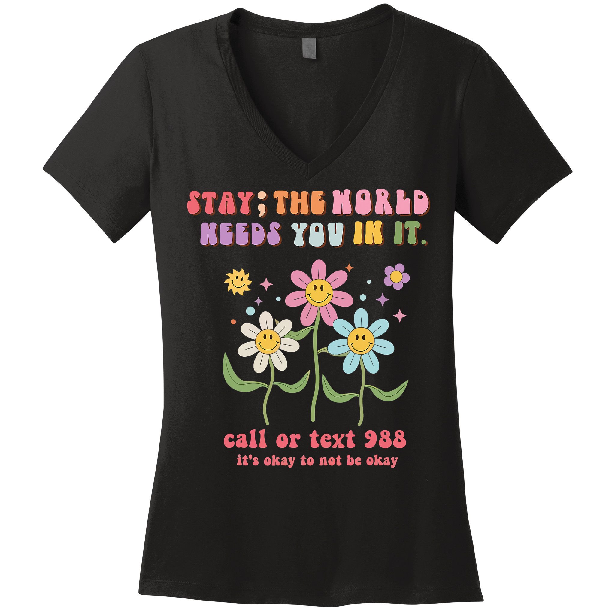 988 Suicide Prevention Retro Groovy Stay The World Needs You Women's V-Neck T-Shirt