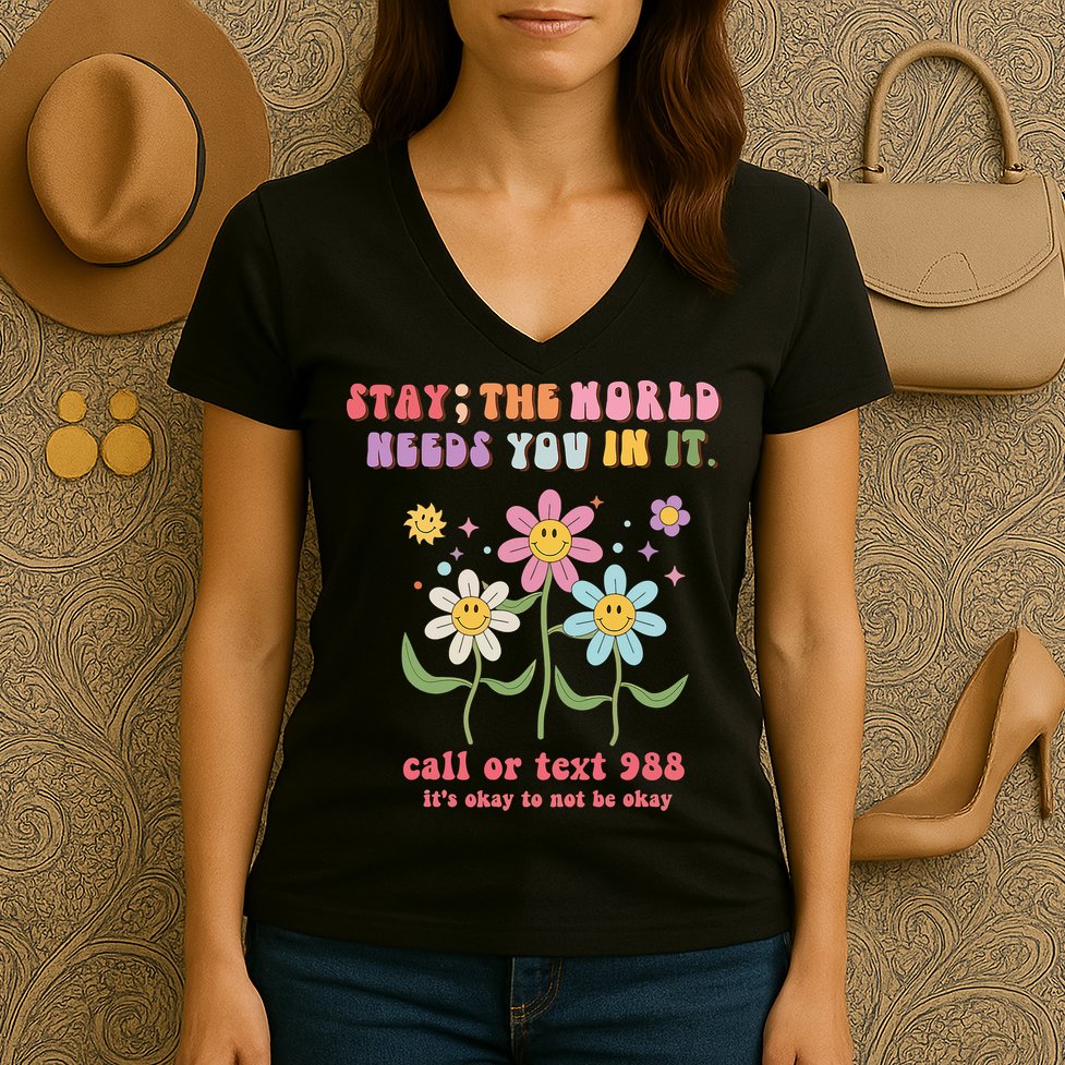 988 Suicide Prevention Retro Groovy Stay The World Needs You Women's V-Neck T-Shirt