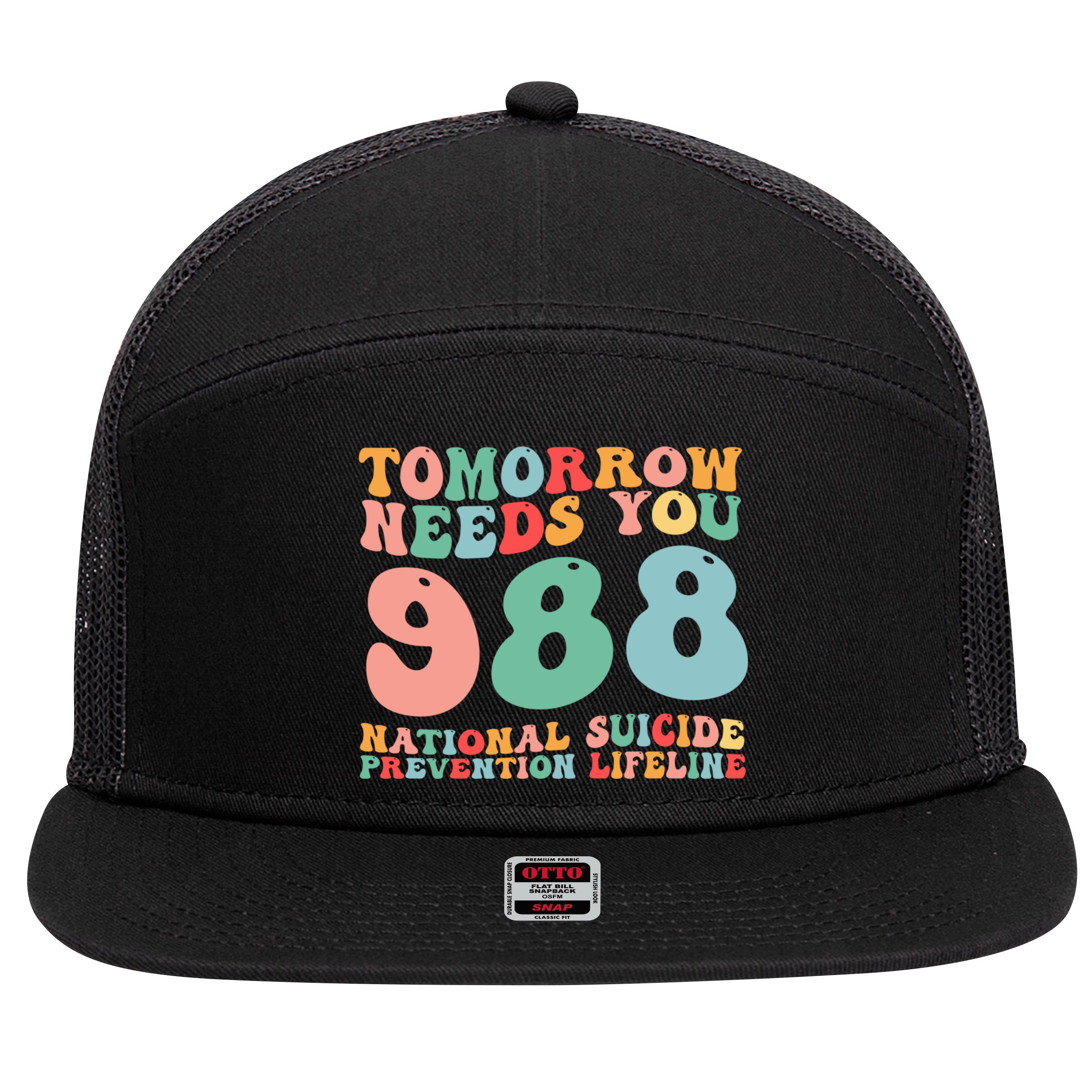 988 Suicide Prevention National Suicide Prevention Lifeline 7 Panel Mesh Trucker Snapback Hat