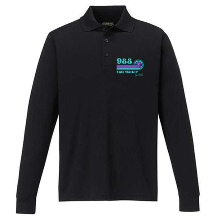 988 Suicide Prevention Mental Health Awareness Retro Teal Performance Long Sleeve Polo