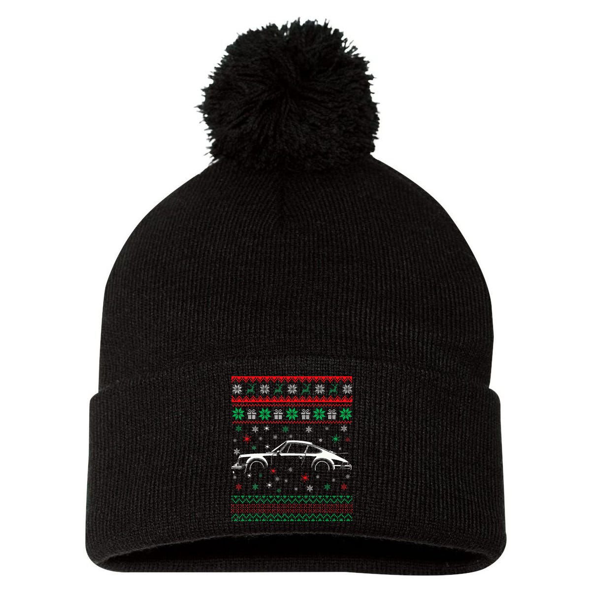 911 Silhouette Ugly Christmas Sweater Car Lover Gifts Pom Pom 12in Knit Beanie