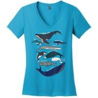 9 Types Of Whales Shirt Whale Breeds Species Whale Women's V-Neck T-Shirt