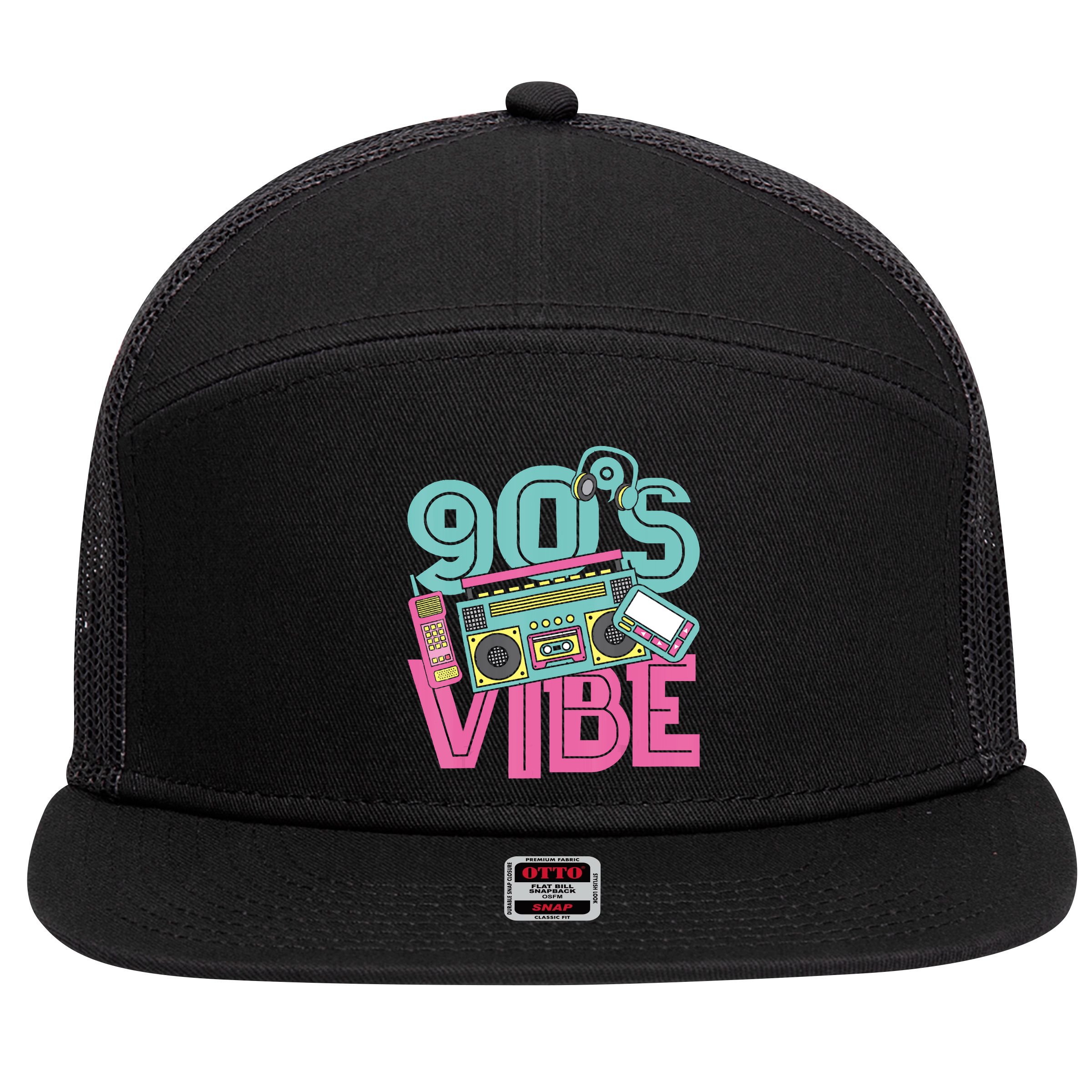 90s Vibe 1990 Music Costume Party Retro 7 Panel Mesh Trucker Snapback Hat