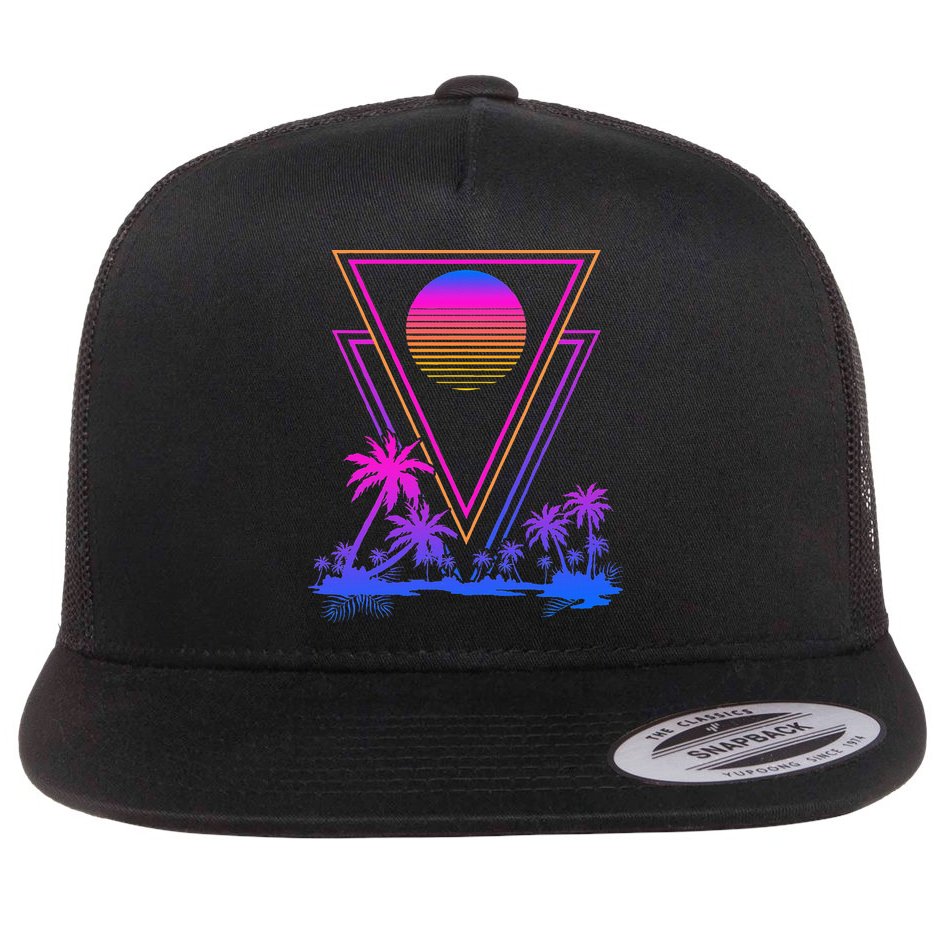90s Vaporwave Aesthetic Palm Trees Flat Bill Trucker Hat