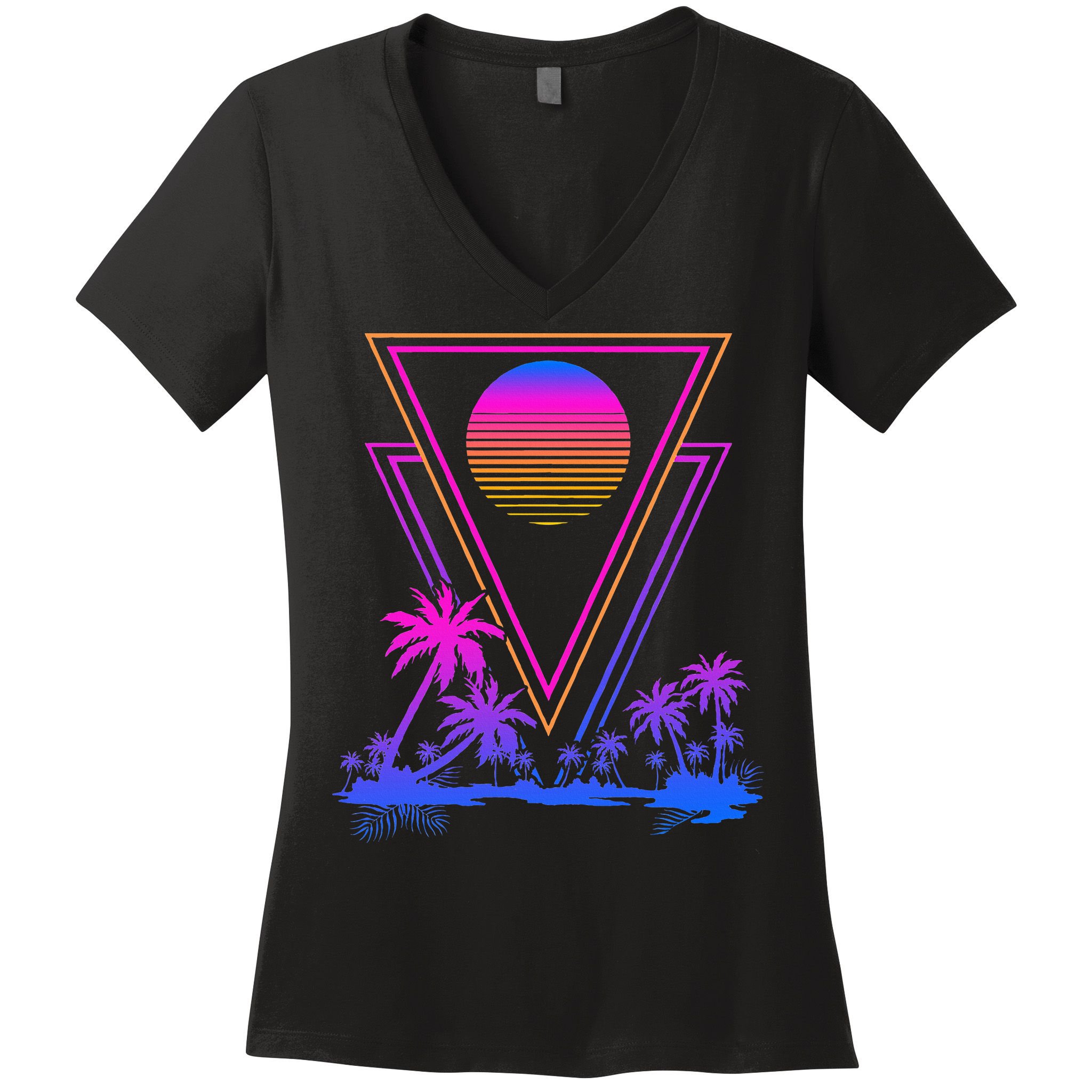 90s Vaporwave Aesthetic Palm Trees Women's V-Neck T-Shirt