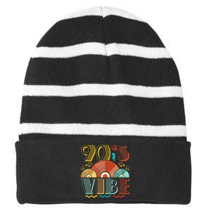 90s Vibe CD 90s Music 1990s Generation Retro Nineties Striped Beanie with Solid Band