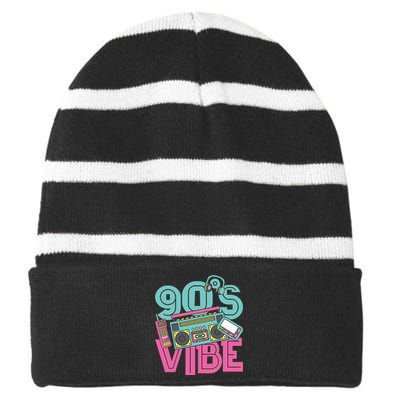 90s Vibe Vintage 1990s Music 90s Costume Party Nineties Striped Beanie with Solid Band