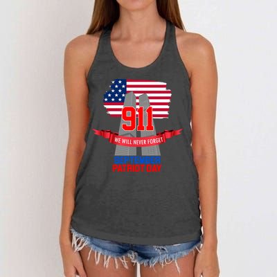 9/11 We Will Never Forget September 11th Patriot Day Women's Knotted Racerback Tank