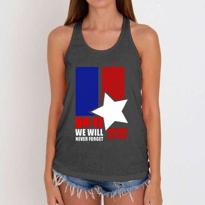 911 We Will Never Forget, 911 Memorial Twin Tower, Patriot Day Women's Knotted Racerback Tank