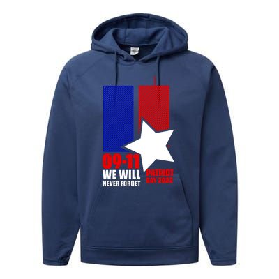 911 We Will Never Forget, 911 Memorial Twin Tower, Patriot Day Performance Fleece Hoodie