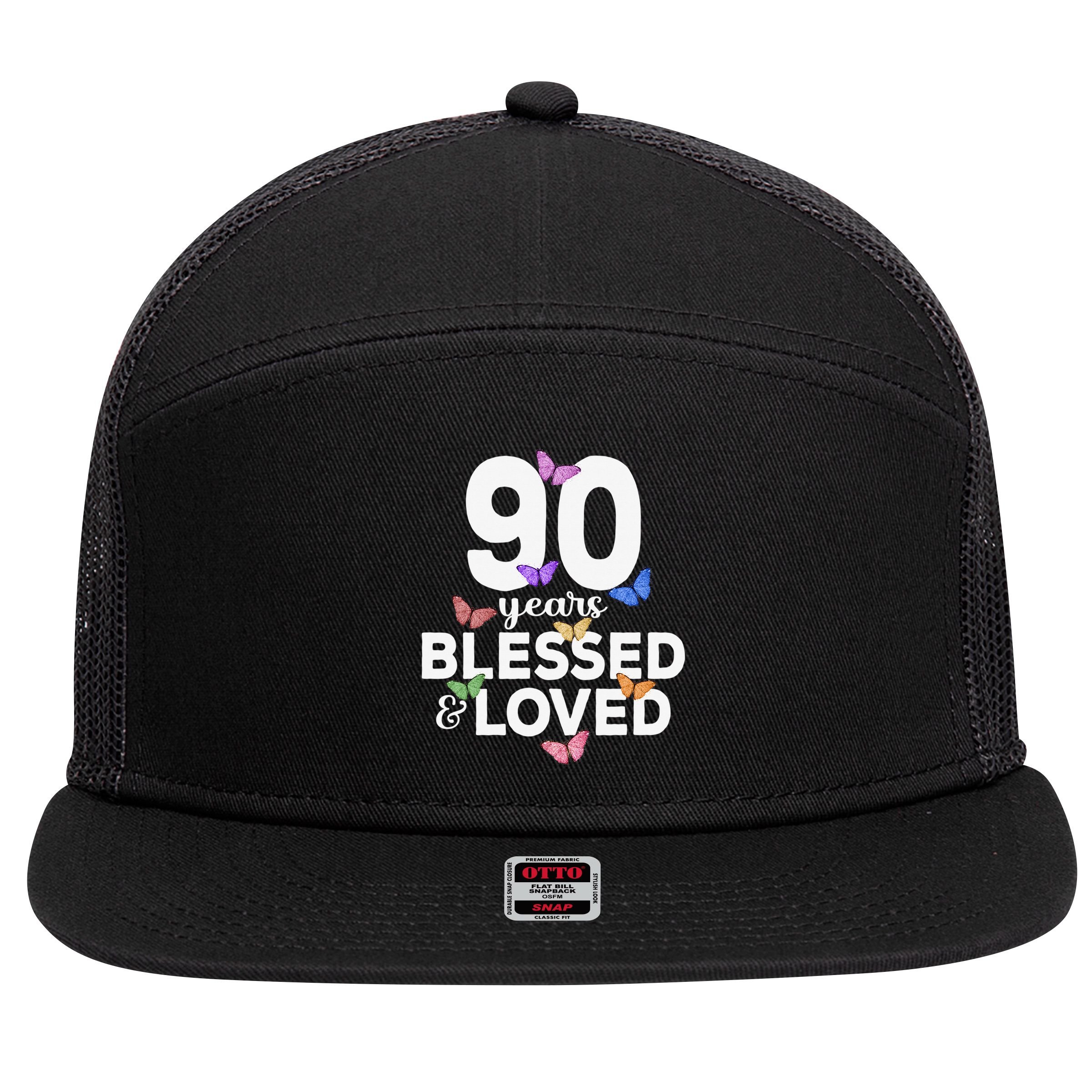 90 Years Blessed And Loved Butterfly 90th Birthday 7 Panel Mesh Trucker Snapback Hat