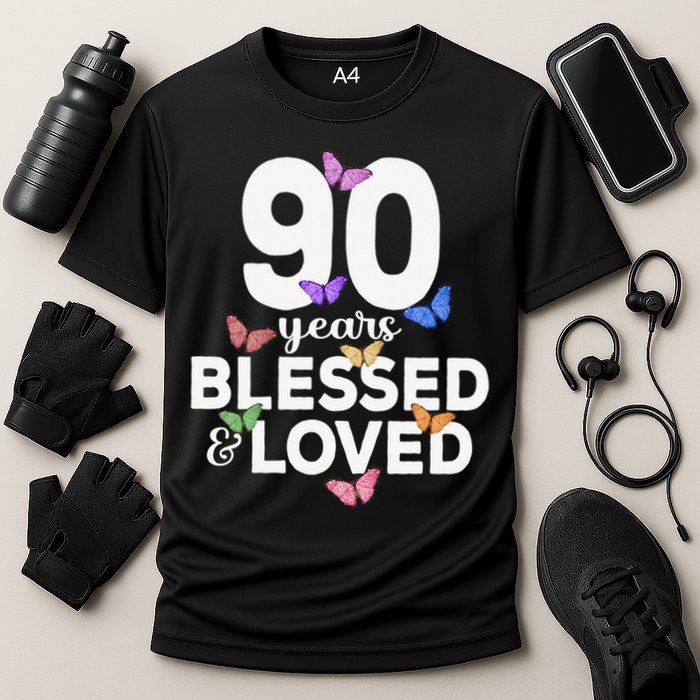 90 Years Blessed And Loved Butterfly 90th Birthday Cooling Performance Crew T-Shirt