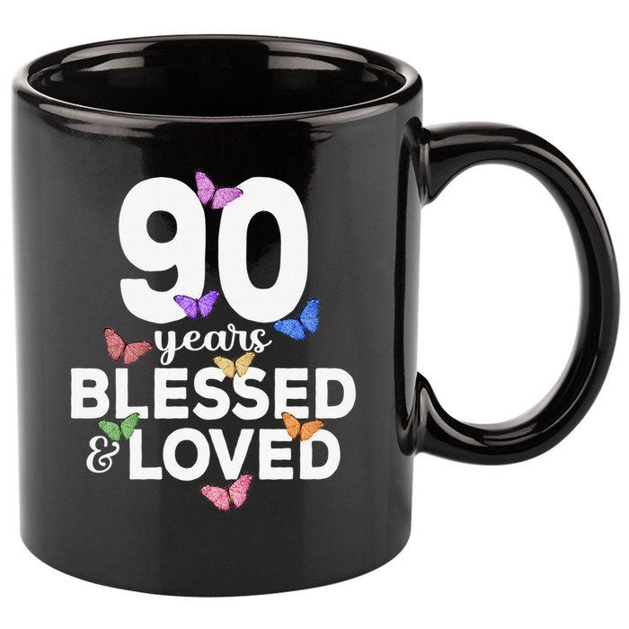 90 Years Blessed And Loved Butterfly 90th Birthday 11oz C Handle Ceramic Mug