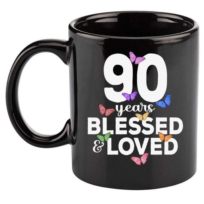 90 Years Blessed And Loved Butterfly 90th Birthday 11oz C Handle Ceramic Mug